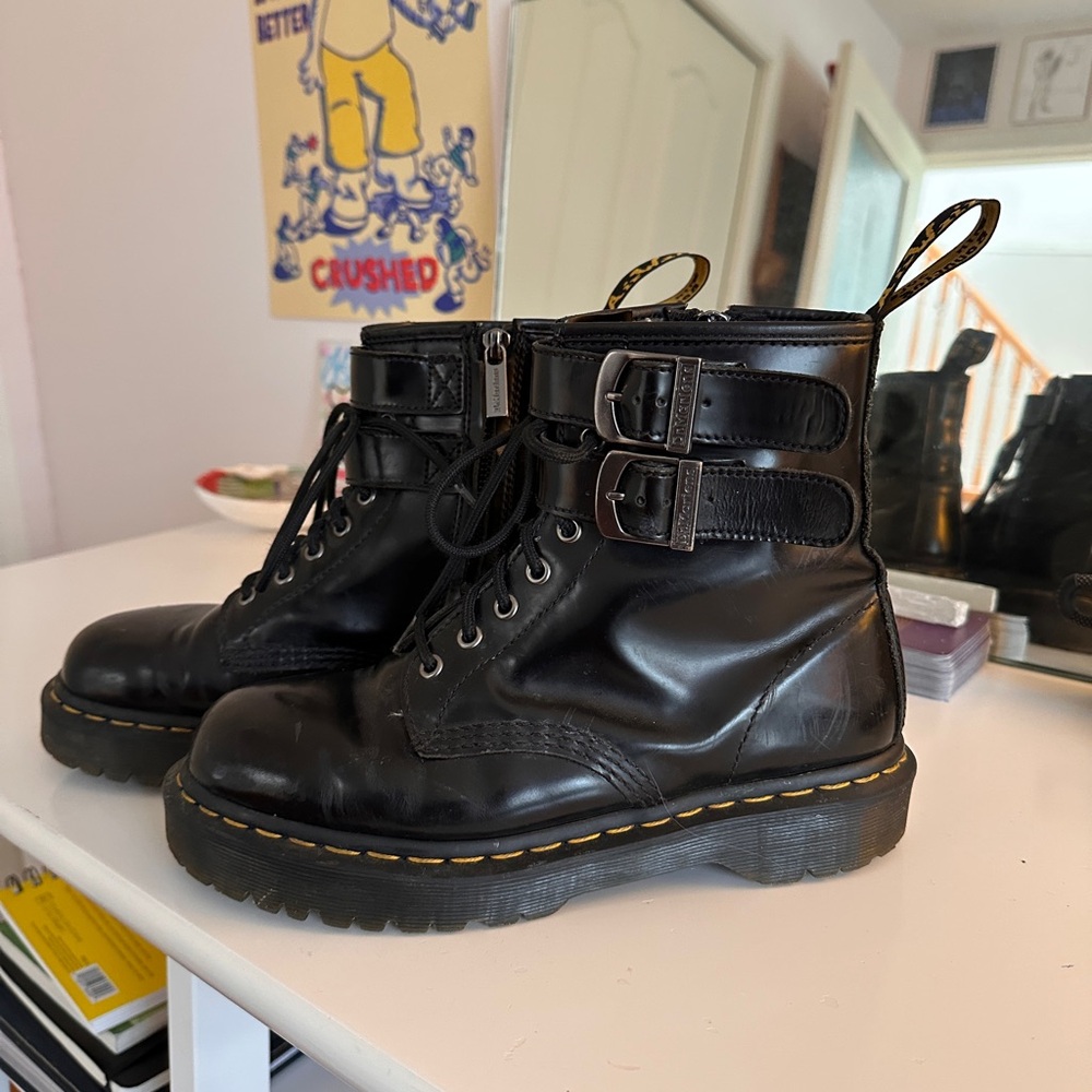 Black Leather Lace-Up Combat Boots with Buckle Straps